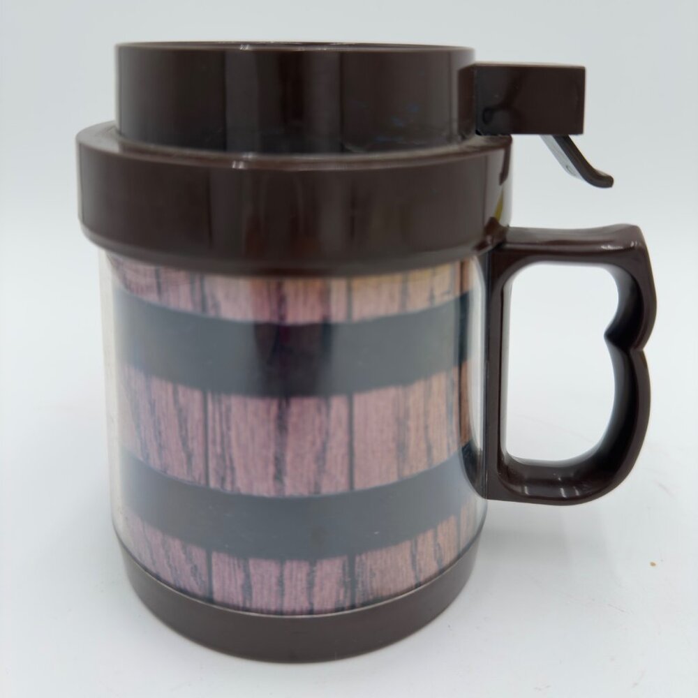 Vintage Thermo-Serv Insulated Striped Mug With Lid Brown Woodgrain Design 12 Oz